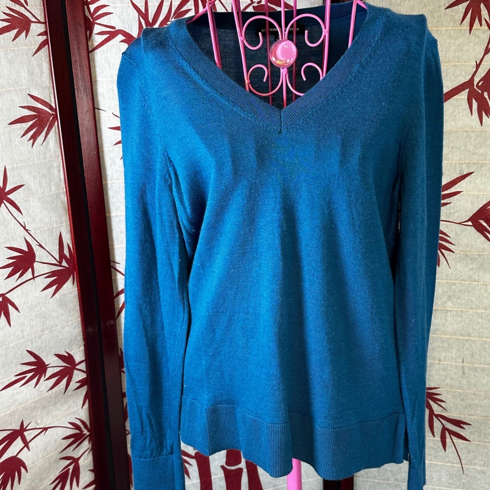 Katherine Barclay Teal Blue Extra Fine‎ Merino Wool V-Neck Sweater Womens Large